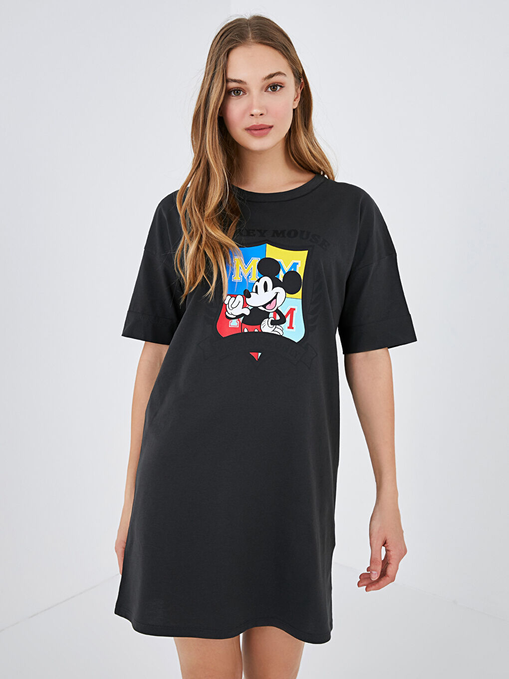 Crew Neck Mickey Mouse Printed Short Sleeve Cotton Women's Dress-2