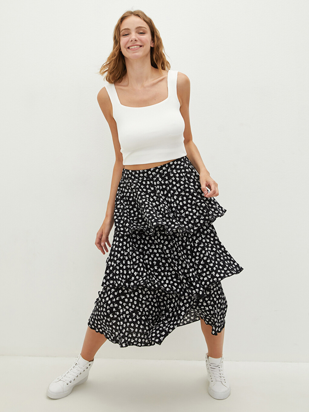 Jupe En Popeline À Taille Élastique Avec Détails À Volants Et Motifs Pour Femmes