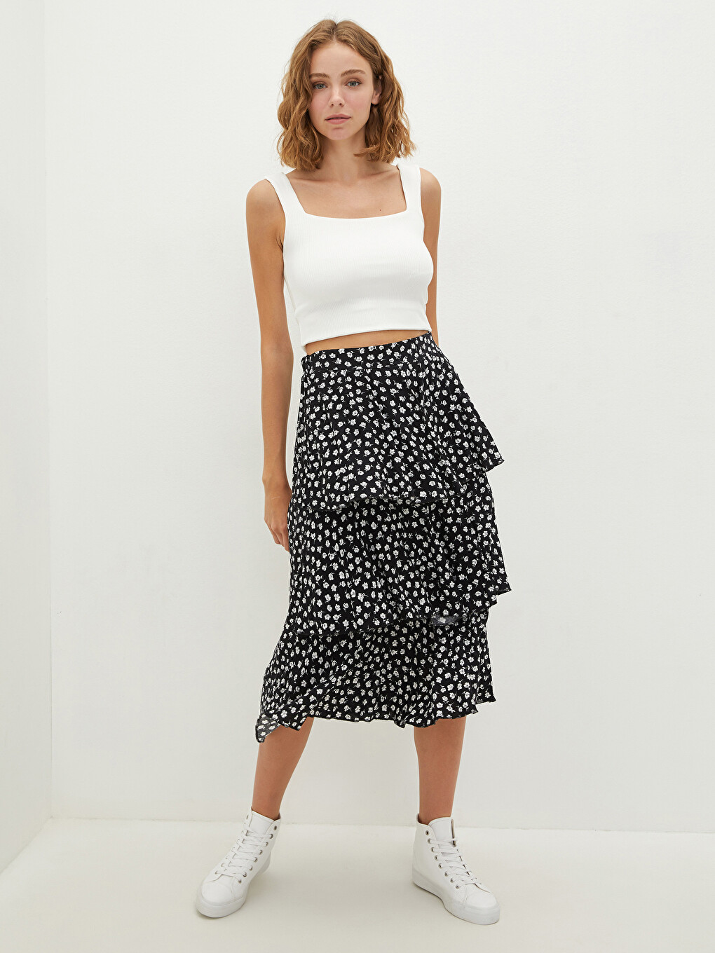 Jupe En Popeline À Taille Élastique Avec Détails À Volants Et Motifs Pour Femmes-1