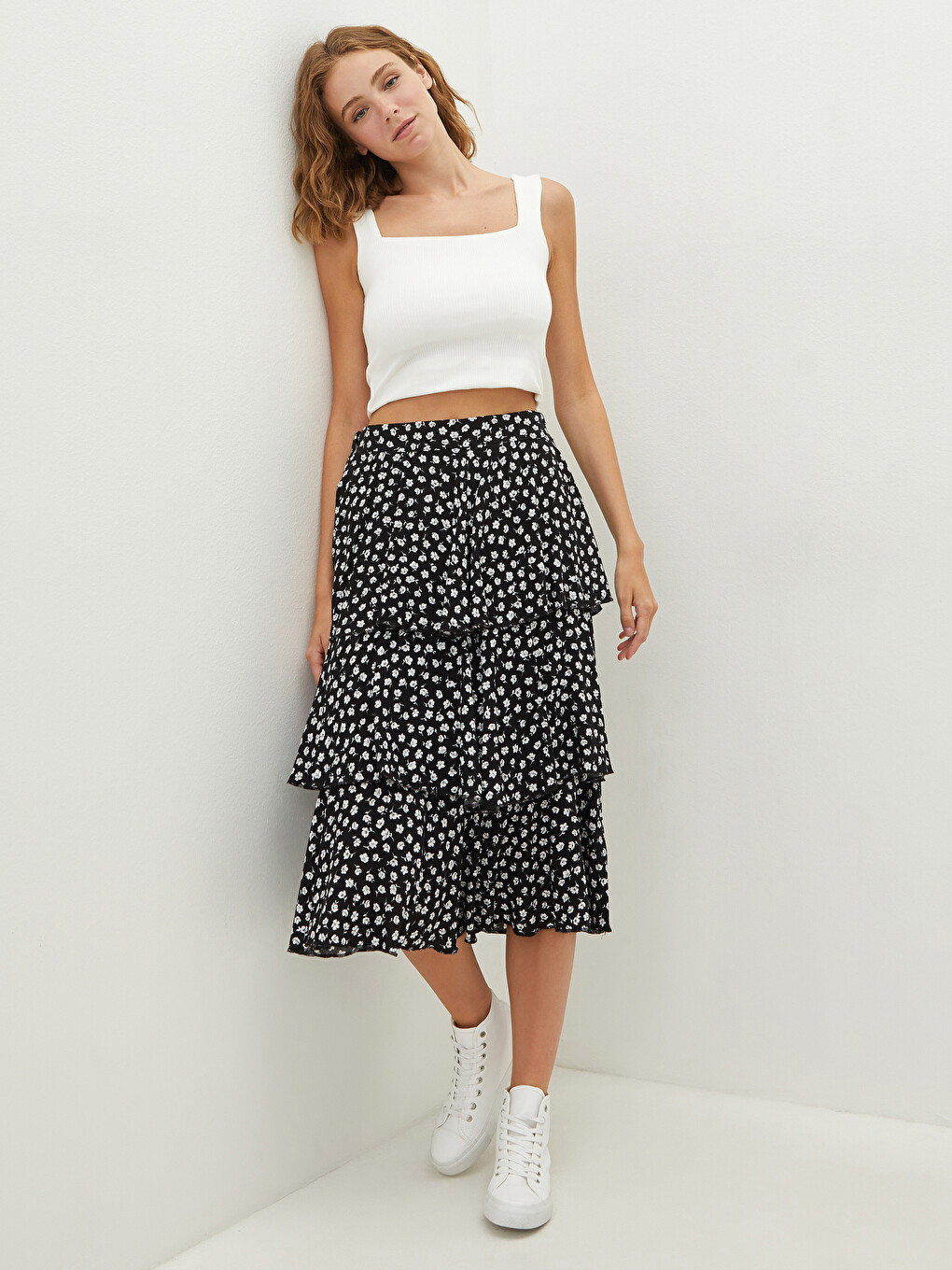 Jupe En Popeline À Taille Élastique Avec Détails À Volants Et Motifs Pour Femmes-2