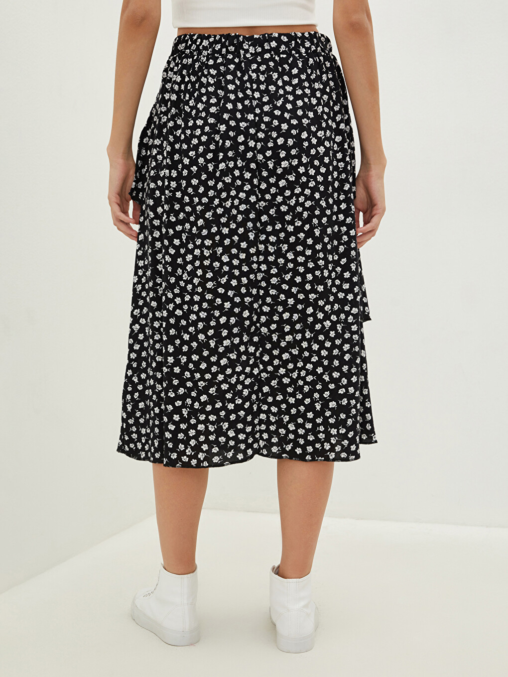 Jupe En Popeline À Taille Élastique Avec Détails À Volants Et Motifs Pour Femmes-4