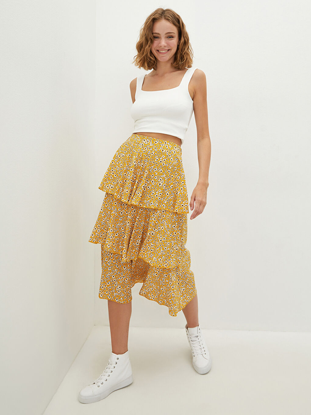 Elastic Waist Patterned Ruffle Detailed Poplin Women's Skirt-5