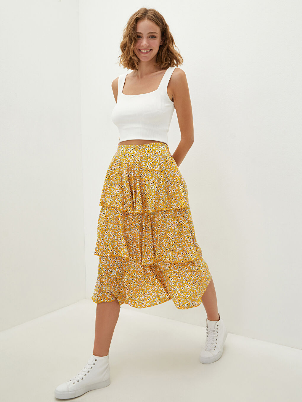 Elastic Waist Patterned Ruffle Detailed Poplin Women's Skirt-6