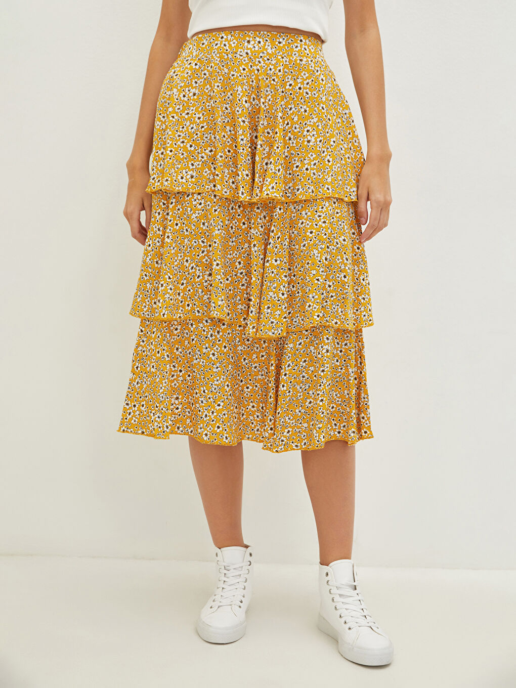 Elastic Waist Patterned Ruffle Detailed Poplin Women's Skirt-7