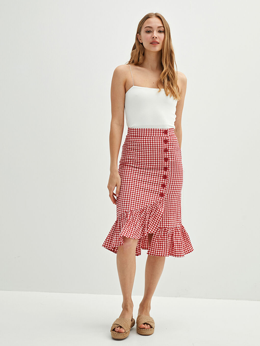 Jupe Femme Plaid Boutonnée à Volants-1