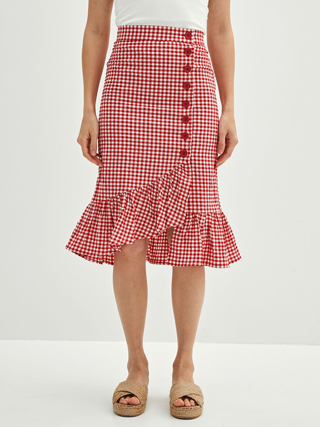 Jupe Femme Plaid Boutonnée à Volants-3