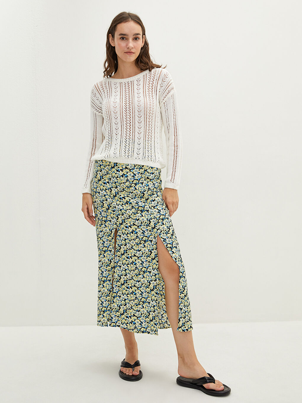 Mavi Beli Lastikli Çiçekli A Kesim Maroken Kumaş Kadın Etek