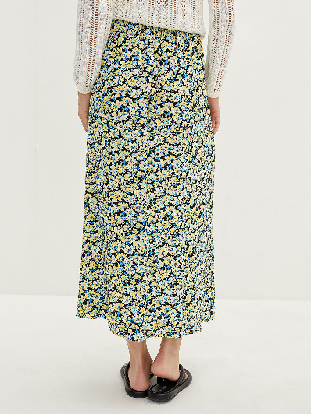 Mavi Beli Lastikli Çiçekli A Kesim Maroken Kumaş Kadın Etek-4