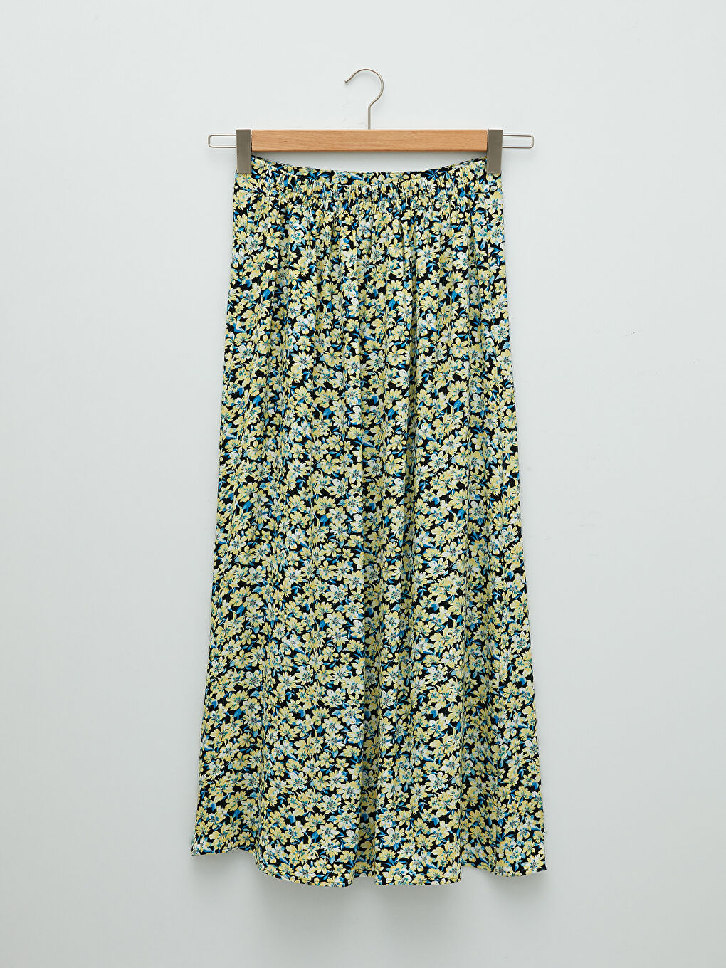 Mavi Beli Lastikli Çiçekli A Kesim Maroken Kumaş Kadın Etek-6