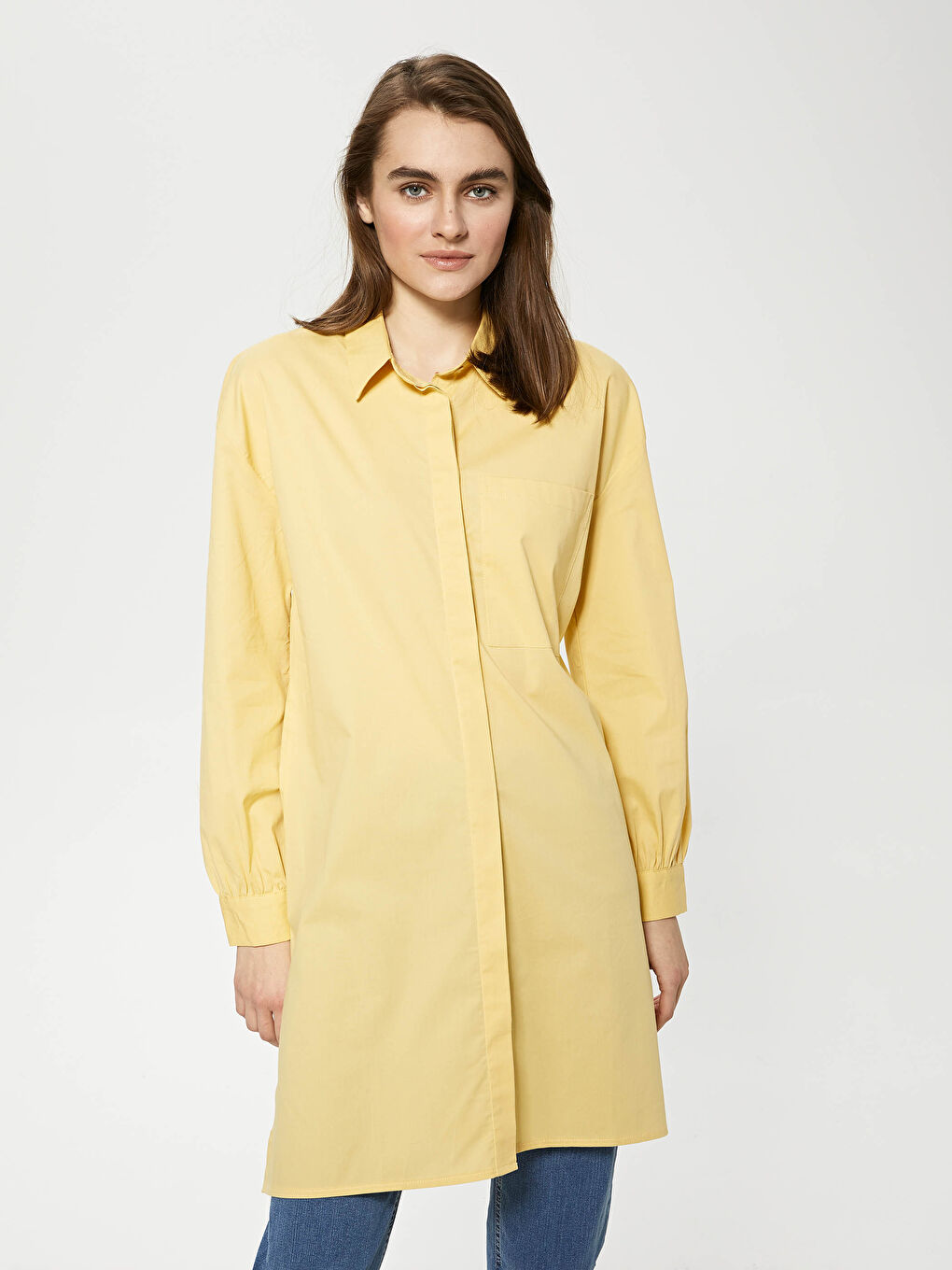 Sarı Düz Poplin Kadın Gömlek Tunik