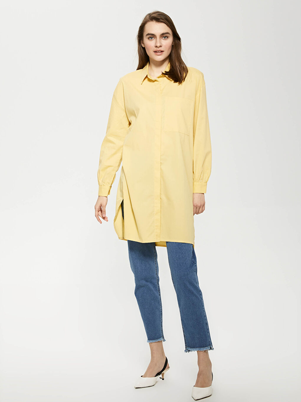 Sarı Düz Poplin Kadın Gömlek Tunik-3