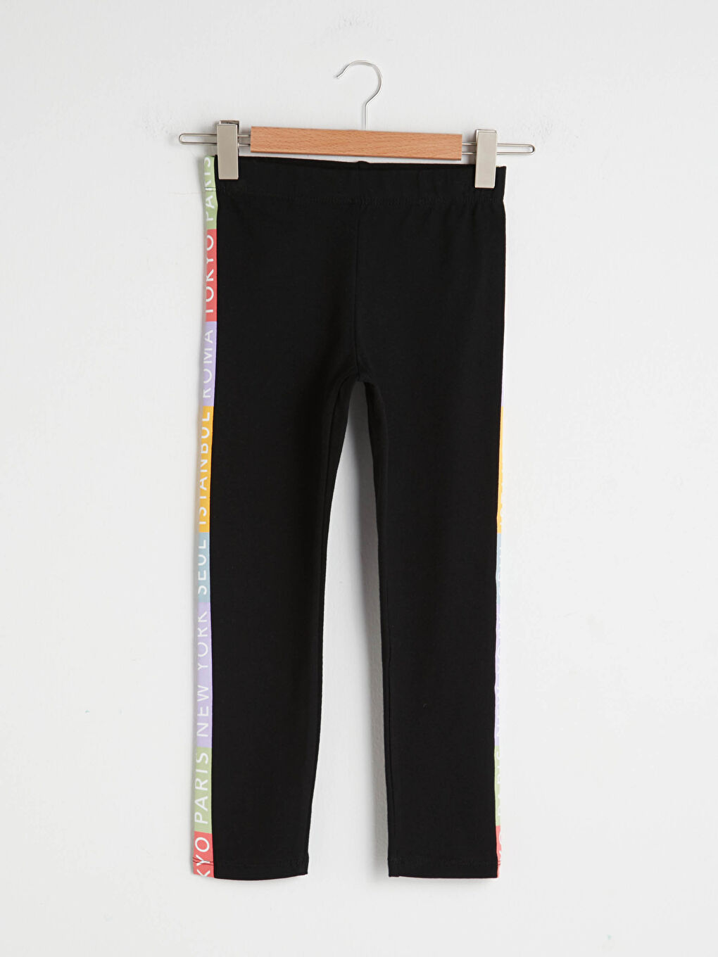 Girl's Long Leggings With Elastic Waist And Letter Printed Stripe Detailed Cotton