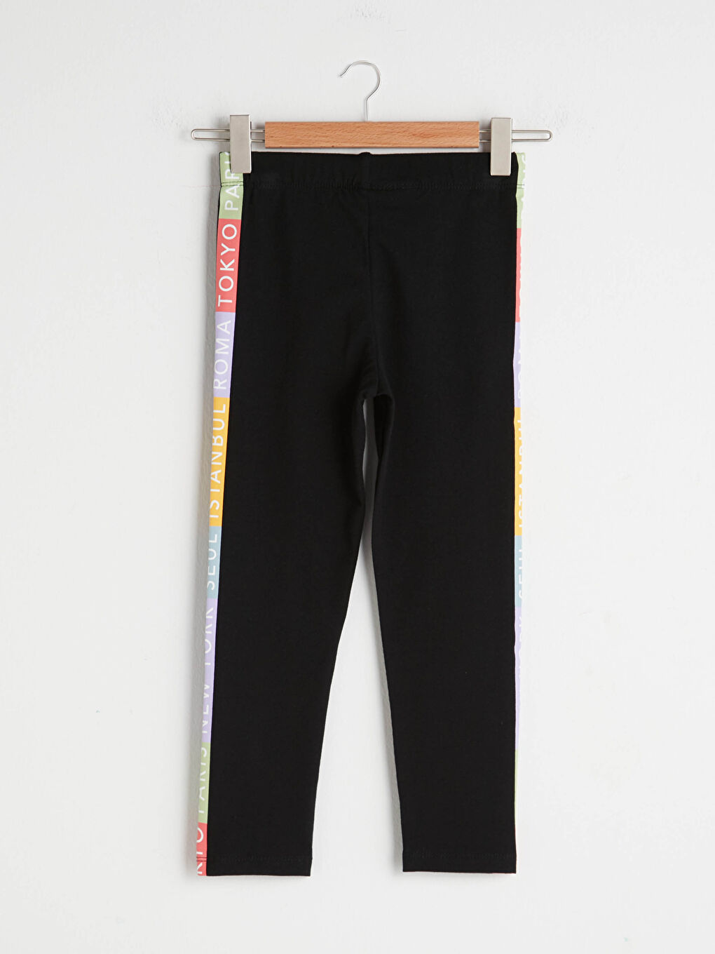 Girl's Long Leggings With Elastic Waist And Letter Printed Stripe Detailed Cotton-1