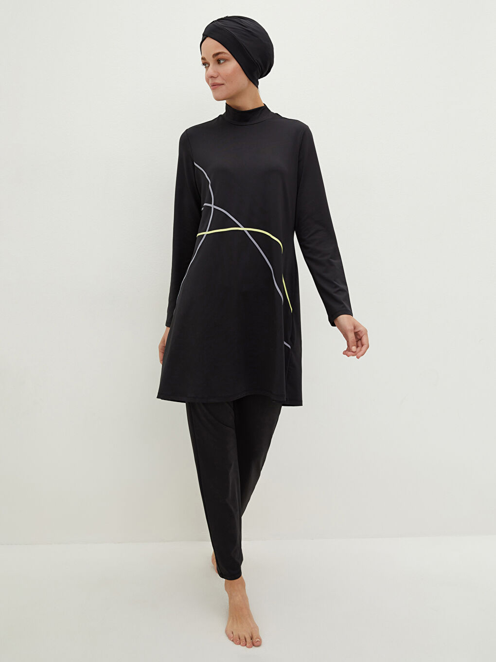 Siyah Yarım Balıkçı Yaka Desenli Uzun Kollu Kadın Tesettür Mayo Takımı-1
