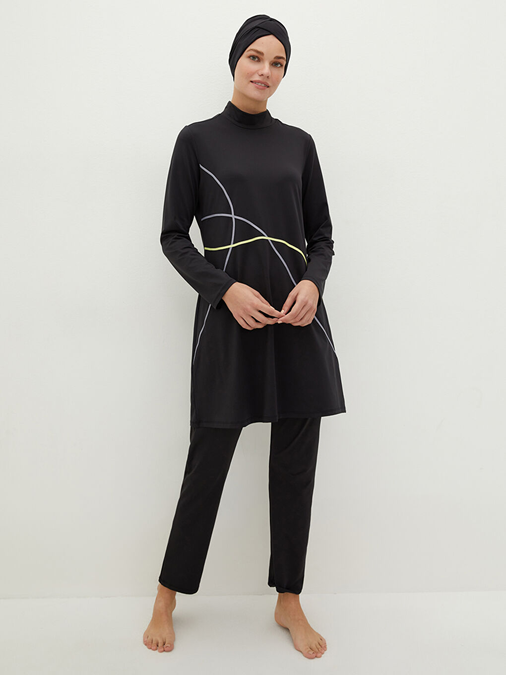Siyah Yarım Balıkçı Yaka Desenli Uzun Kollu Kadın Tesettür Mayo Takımı-3