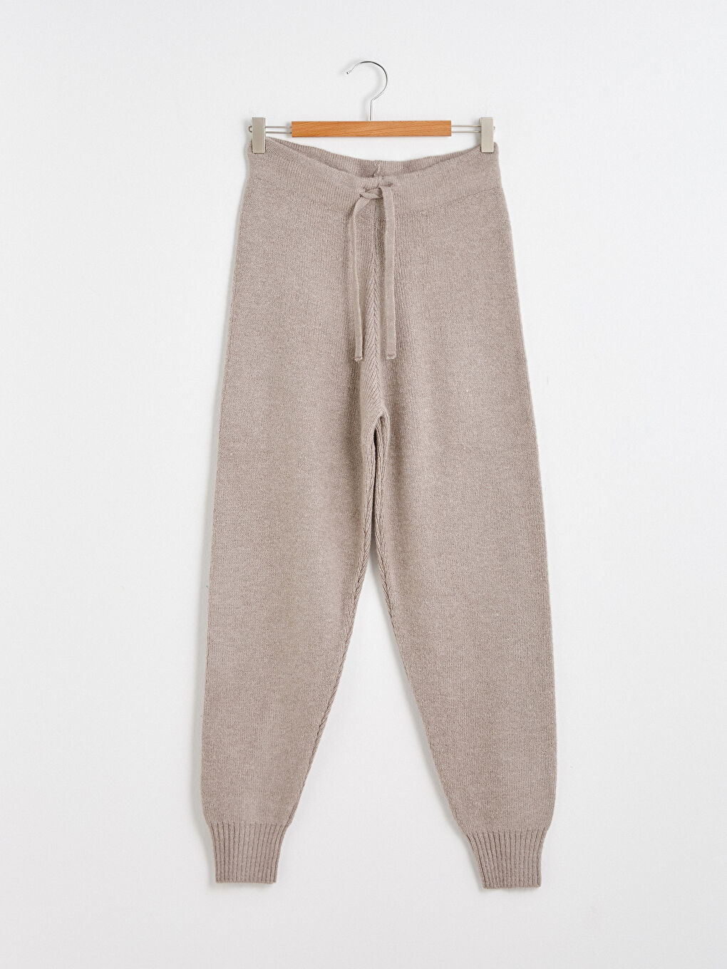 Bej Beli Lastikli Bilek Boy Kadın Triko Pantolon-5