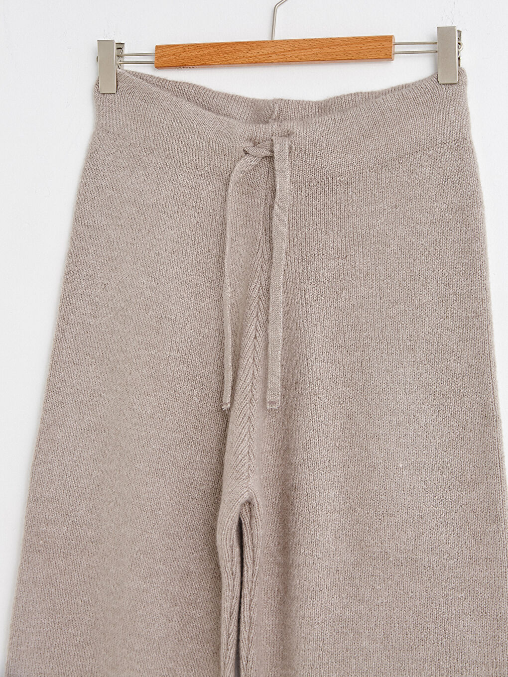 Bej Beli Lastikli Bilek Boy Kadın Triko Pantolon-7