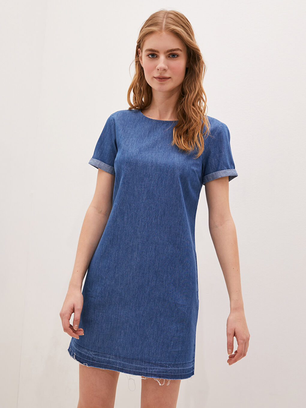 LCW Vision Crew Neck Plain Short Sleeve Women's Denim Dress -S1G608Z8-507