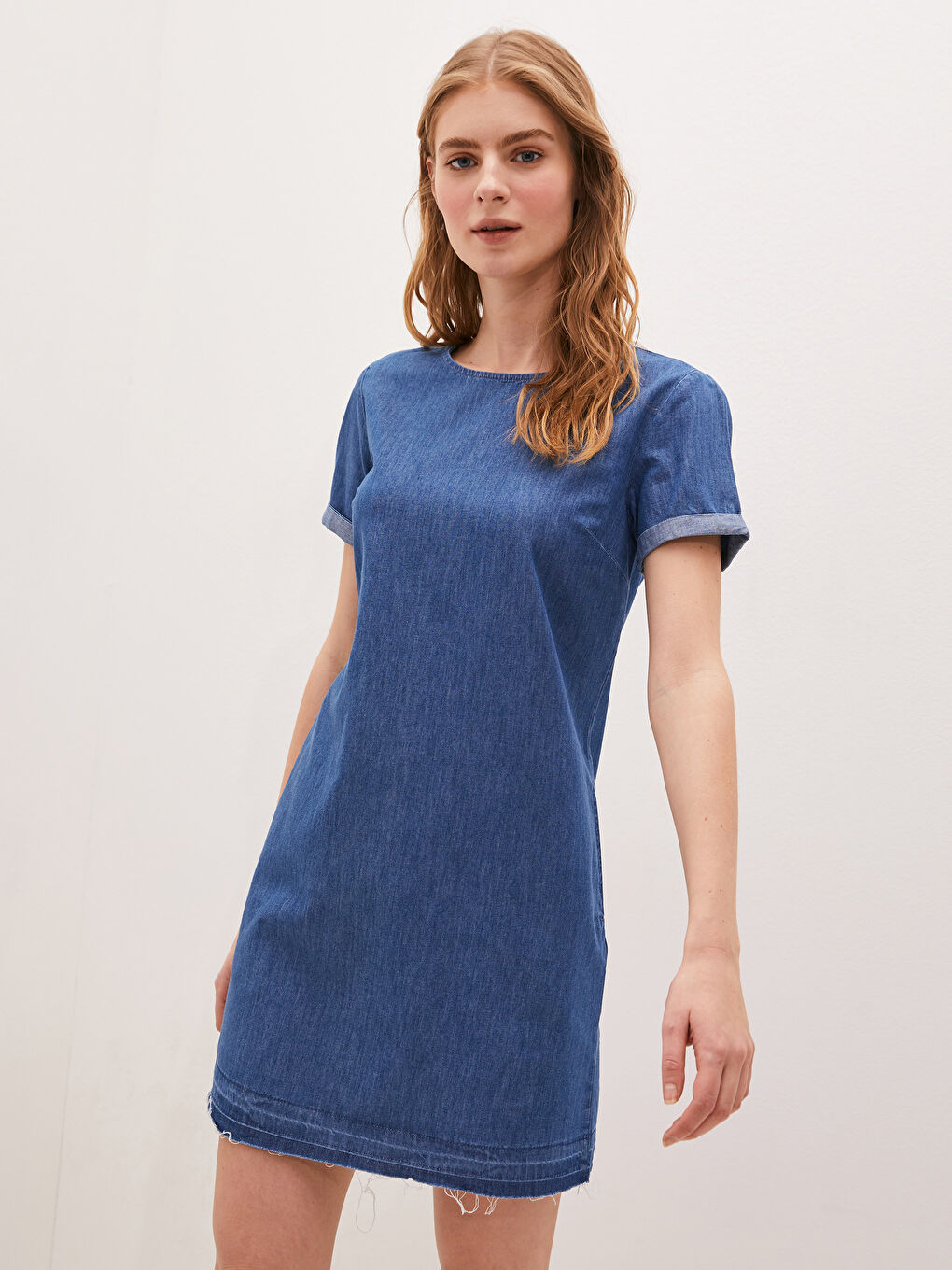 LCW Vision Crew Neck Plain Short Sleeve Women's Denim Dress -S1G608Z8-507