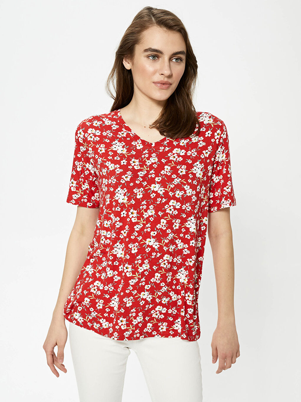 T-shirt Femme à Manches Courtes en Viscose avec Imprimé Floral et Encolure en V
