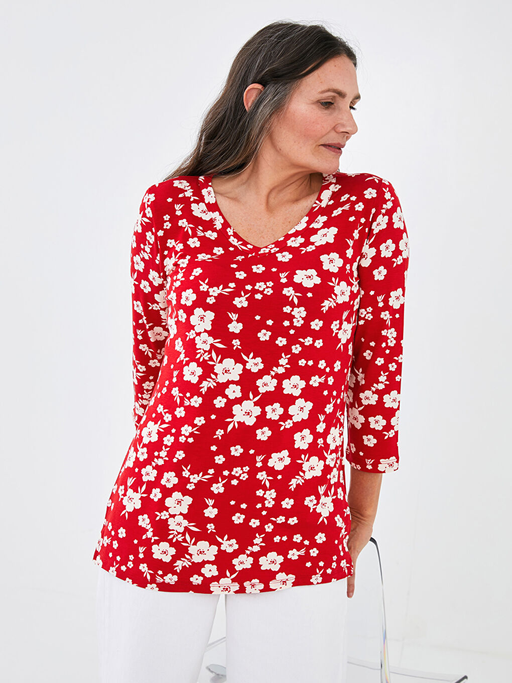 V Neck Floral Printed Women T-Shirt-1