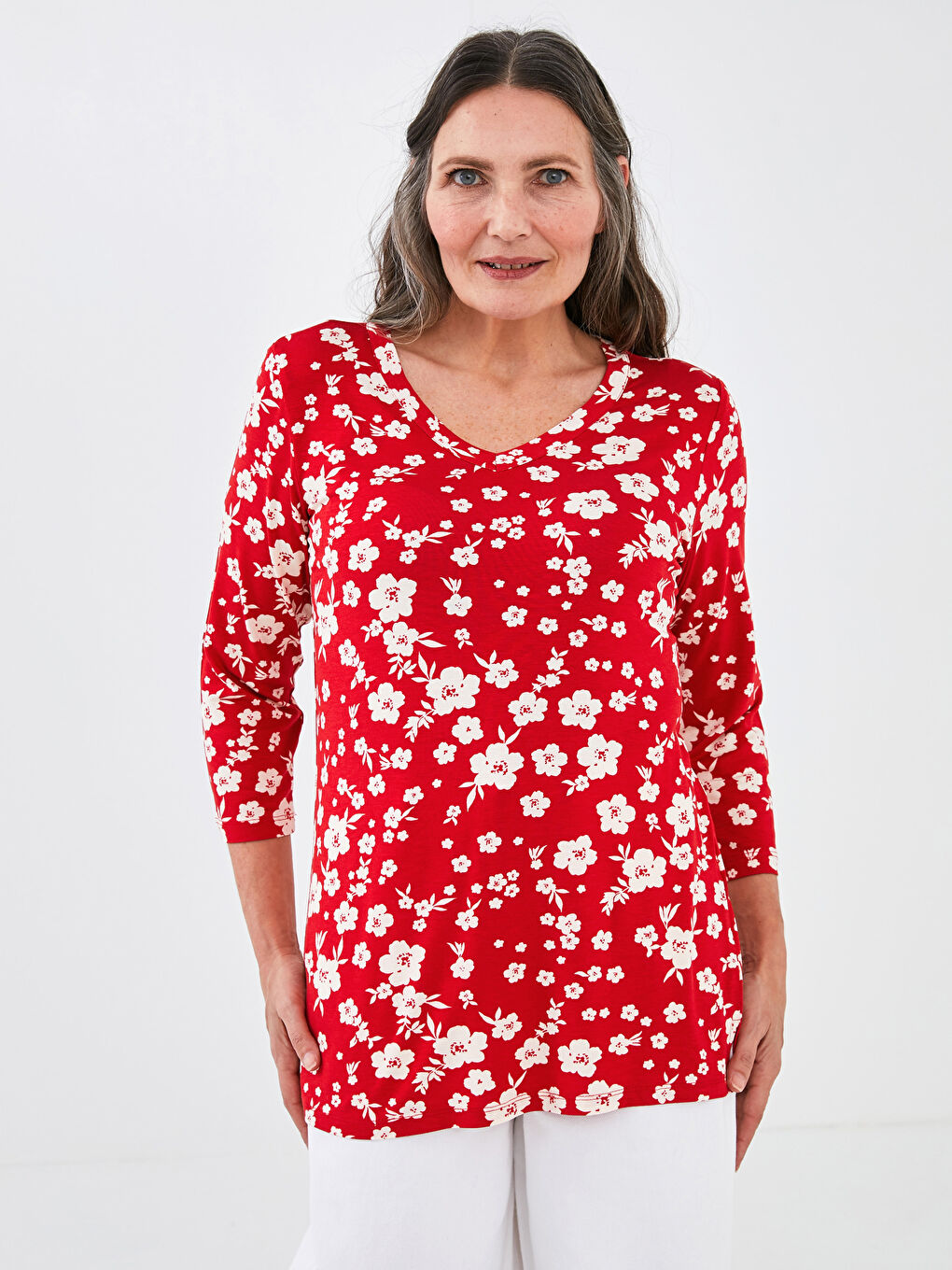 V Neck Floral Printed Women T-Shirt