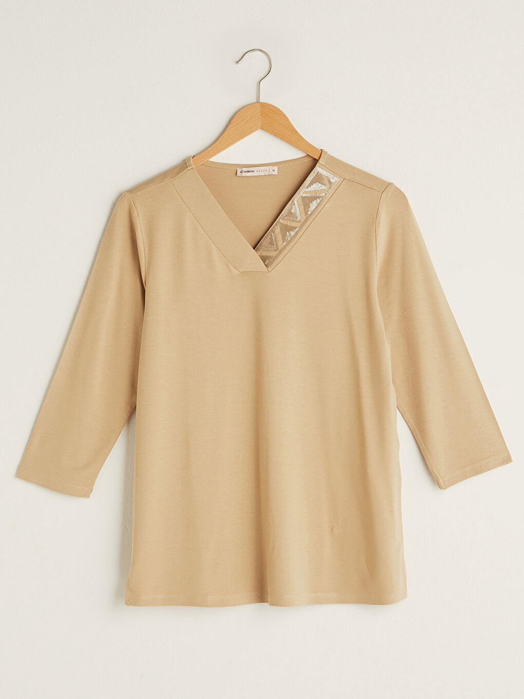 Bluza od viskoze sa V izrezom i vezenim šljokicama za žene-5