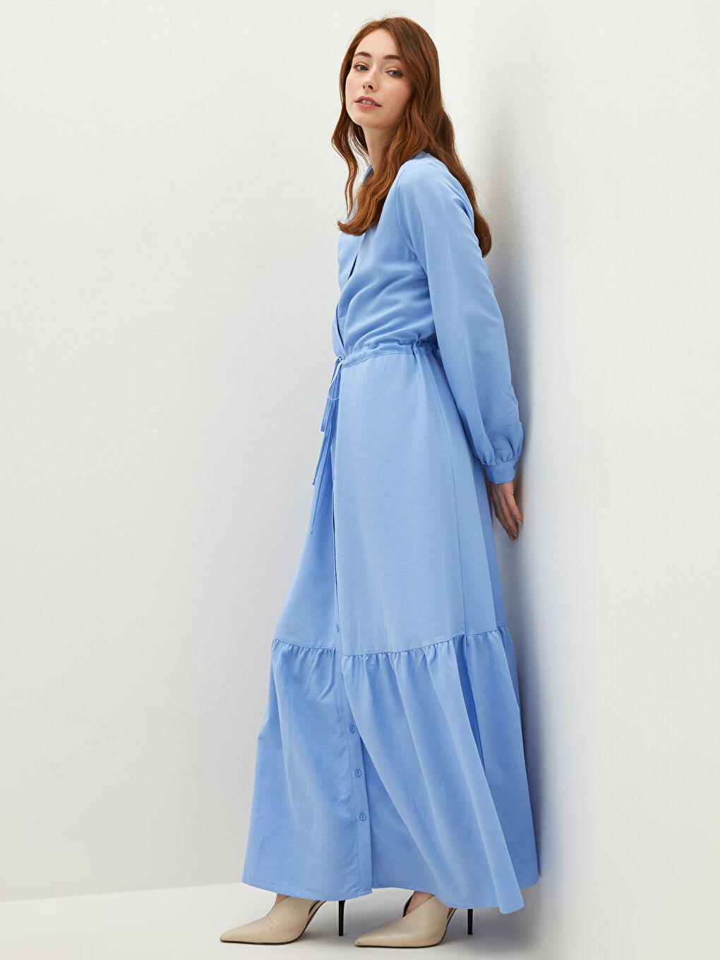 Buttoned Shirt Collar Straight Long Sleeve Women's Dress-1