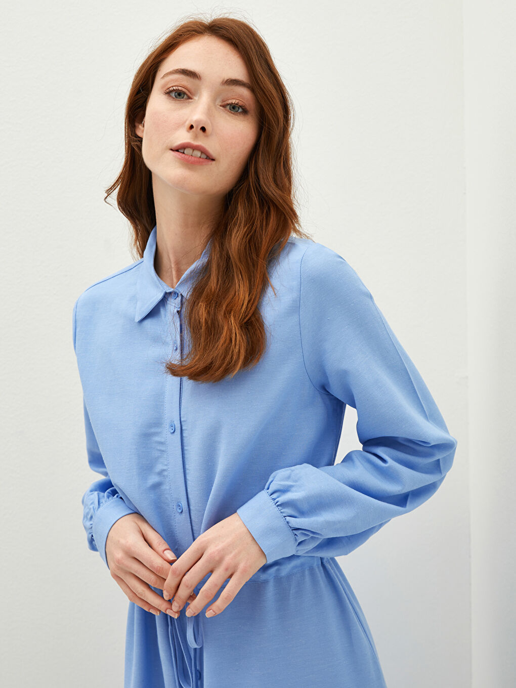 Buttoned Shirt Collar Straight Long Sleeve Women's Dress-3