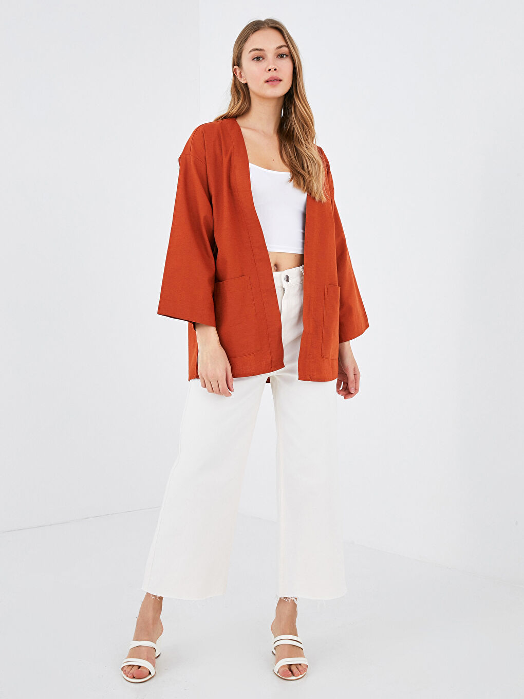 Shawl Collar Pocket Detailed Long Sleeve Women's Kimono-2