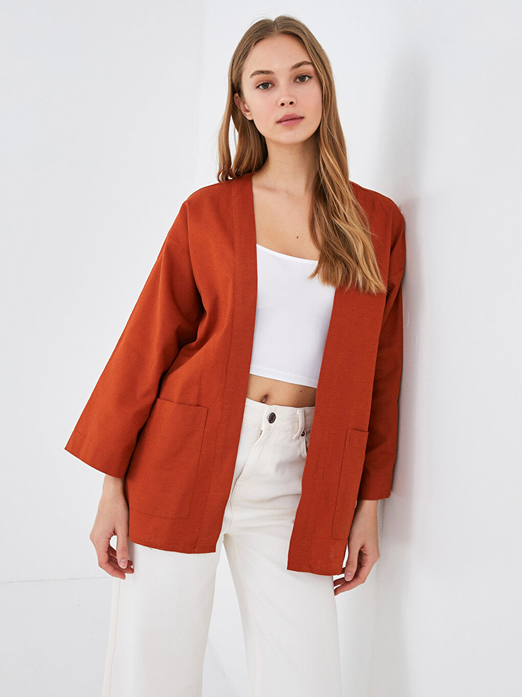 Shawl Collar Pocket Detailed Long Sleeve Women's Kimono-4