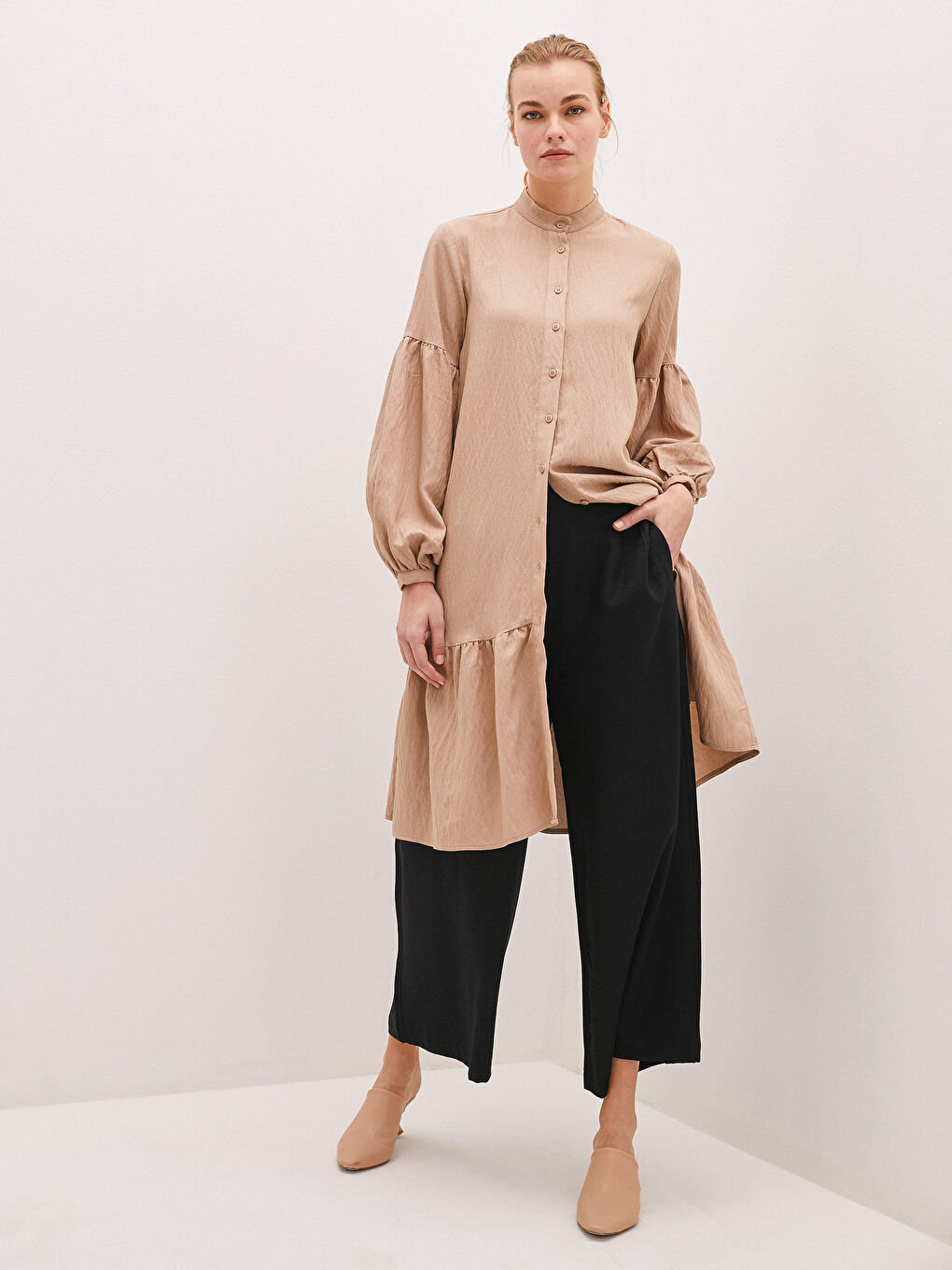 Waist Elastic Straight Comfort Fit Pocket Detailed Textured Fabric Women's Trousers -S1G801Z8-CVL