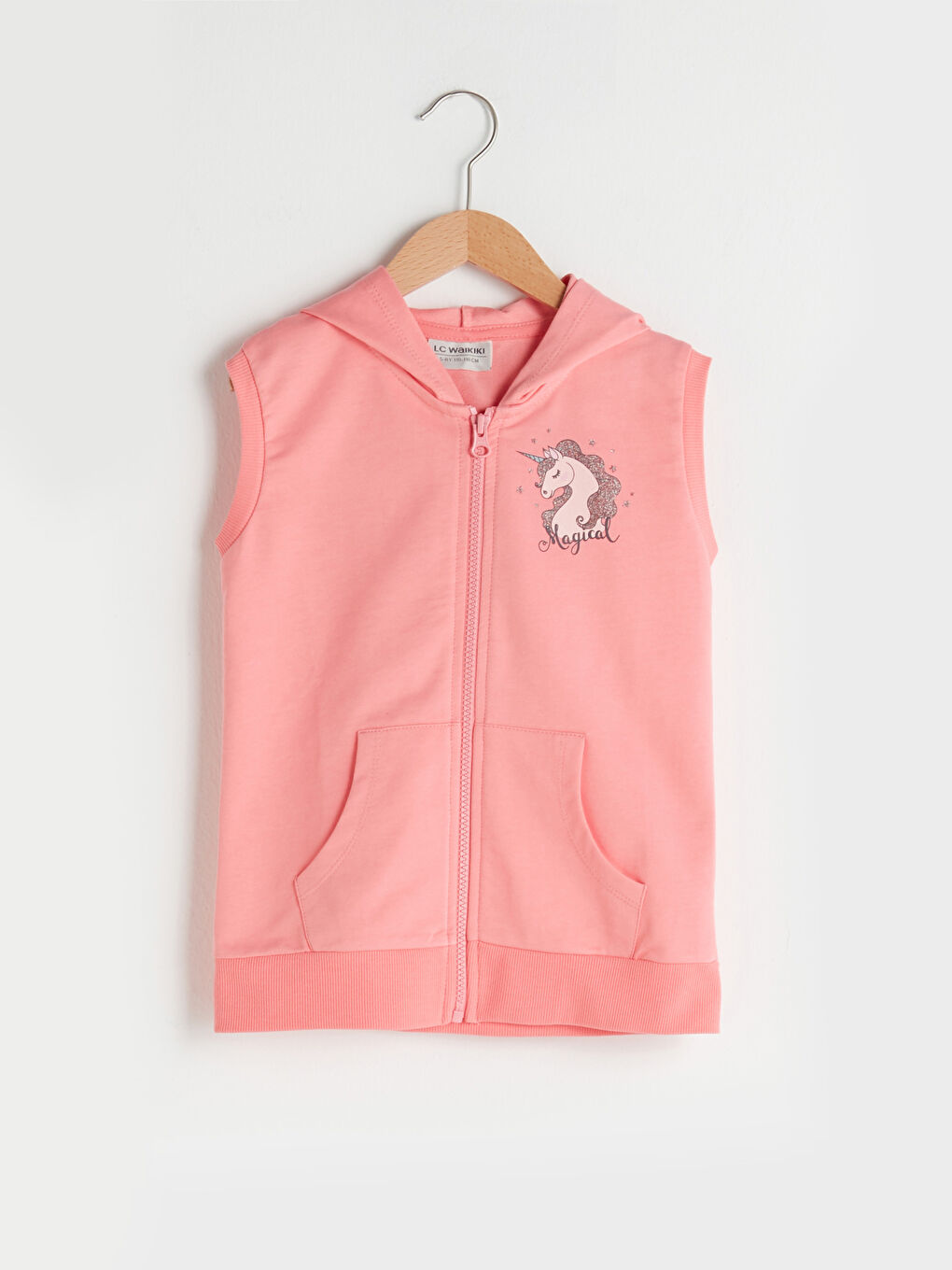 Pembe Kapüşonlu Baskılı Kız Çocuk Fermuarlı Yelek