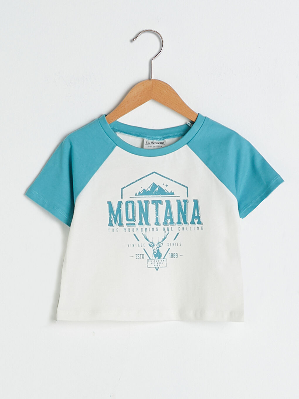 Ekru Bisiklet Yaka Baskılı Kısa Kollu Pamuklu Kız Çocuk Tişört