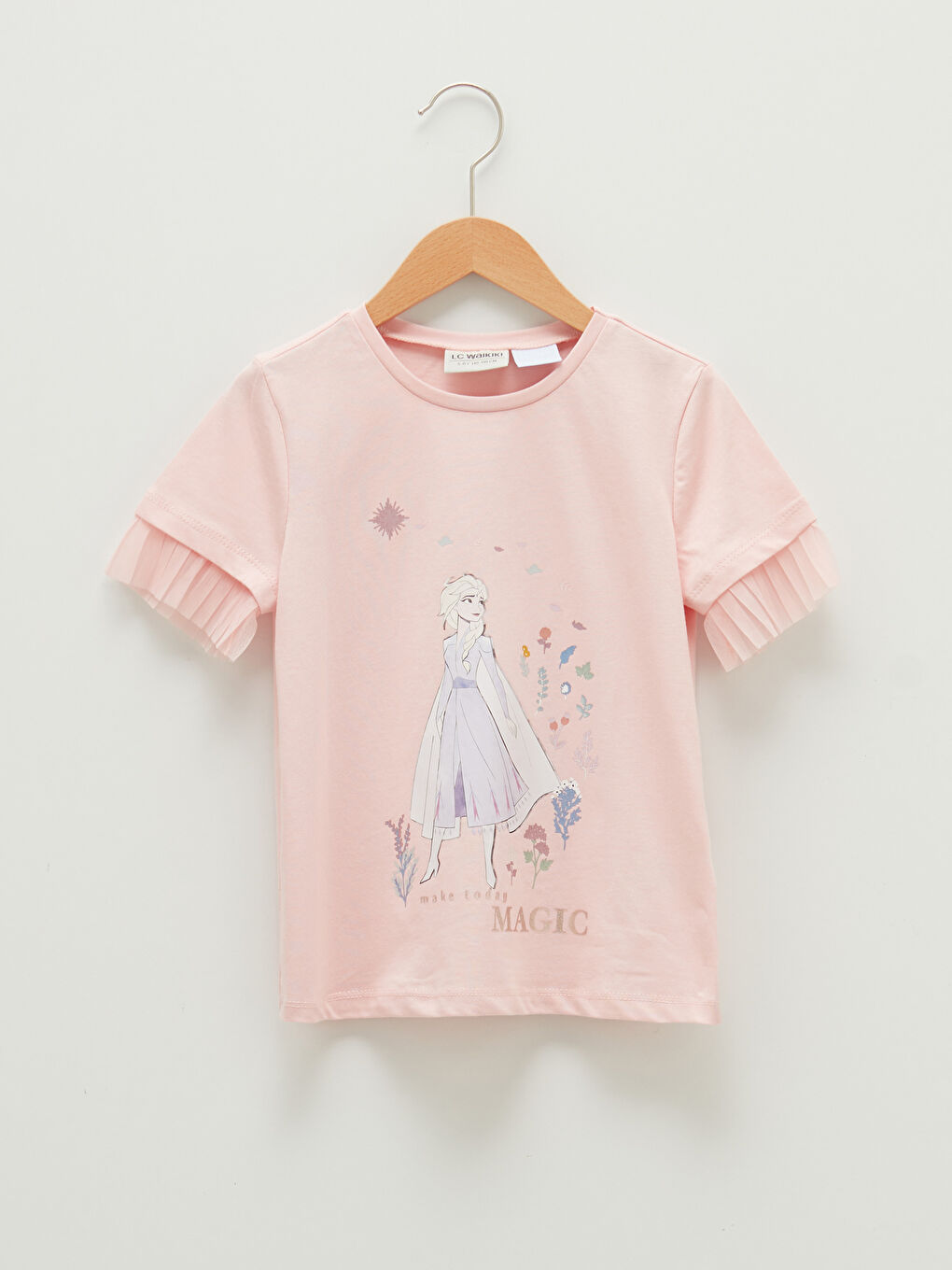 Pembe Bisiklet Yaka Elsa Baskılı Kısa Kollu Kız Çocuk Tişört