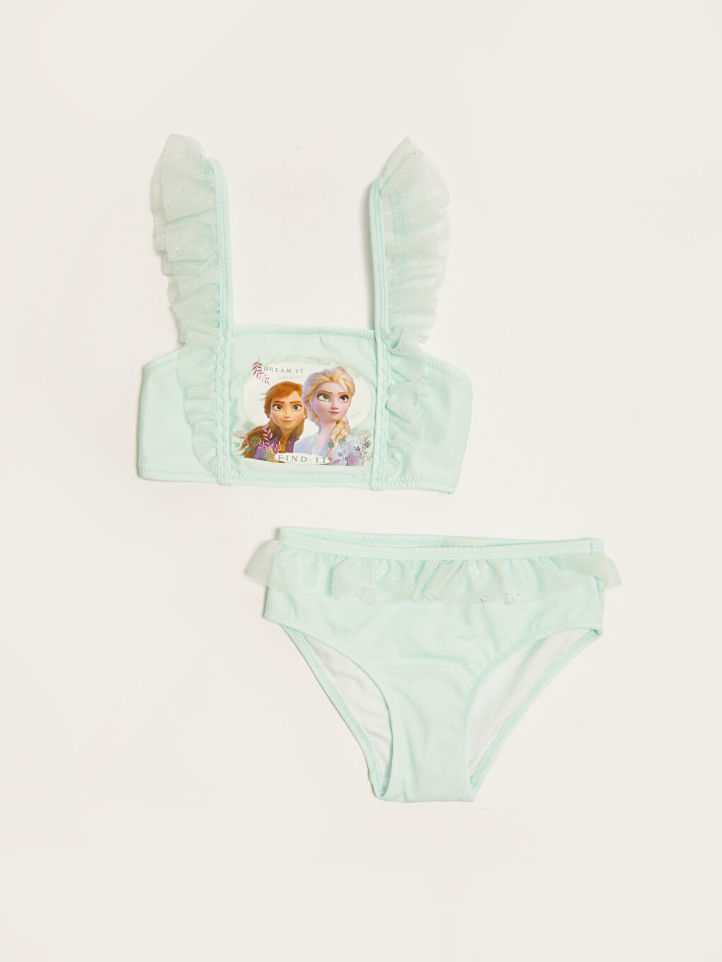 LCW Kids Turkuaz Esnek Kumaştan Frozen Baskılı Fırfır Detaylı Kız Çocuk Bikini