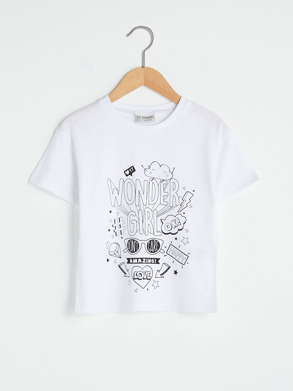 Beyaz Bisiklet Yaka Baskılı Kısa Kollu Kız Çocuk Tişört ve Boya Kalemi-1