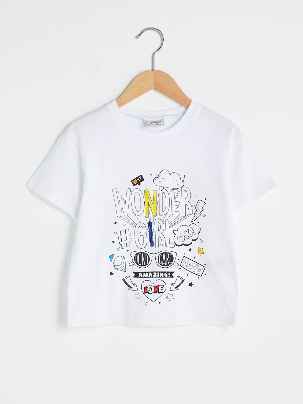 Beyaz Bisiklet Yaka Baskılı Kısa Kollu Kız Çocuk Tişört ve Boya Kalemi-2