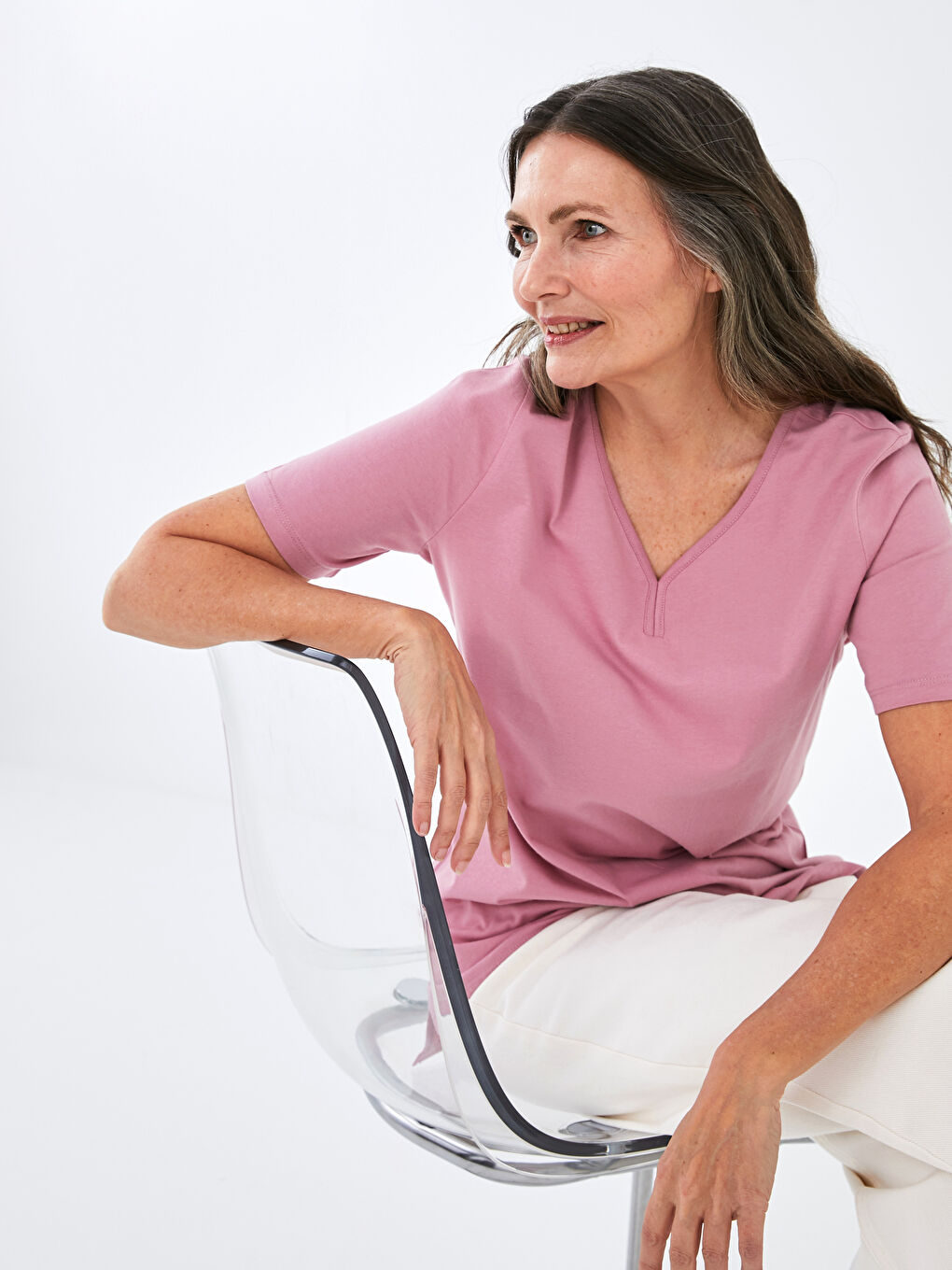 V Neck Straight Short Sleeve Cotton Women's T-Shirt