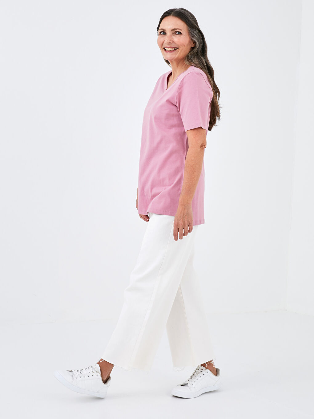 V Neck Straight Short Sleeve Cotton Women's T-Shirt-3