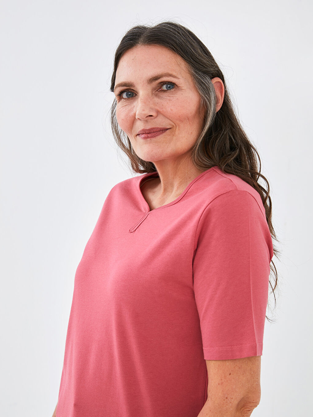 V Neck Straight Short Sleeve Cotton Women's T-Shirt-1