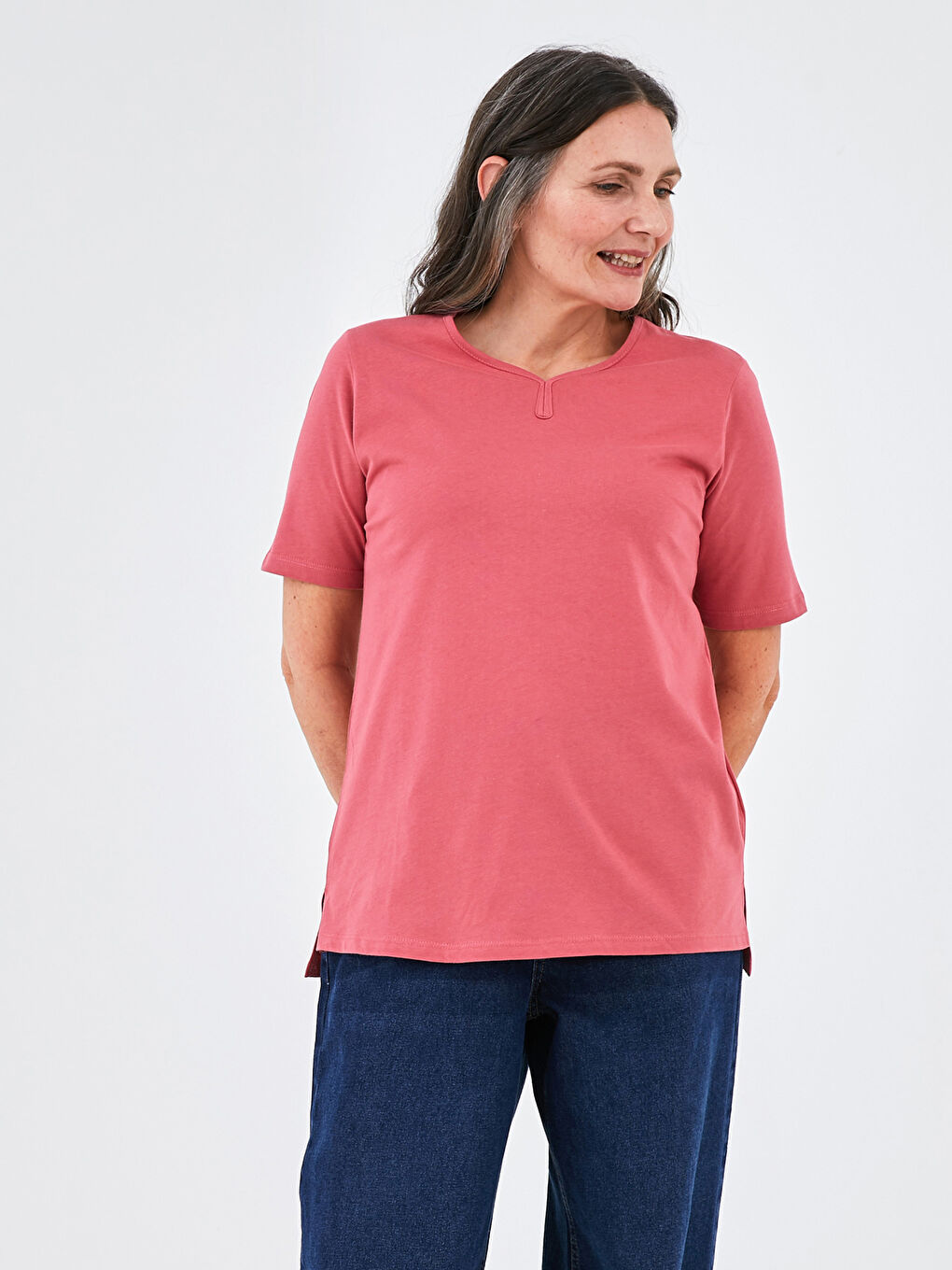 V Neck Straight Short Sleeve Cotton Women's T-Shirt-3