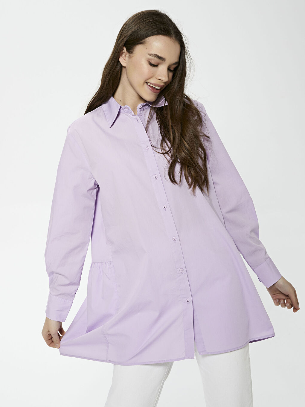 LC Waikiki Frill Detailed Long Sleeve Button Closure Poplin Women's Shirt -S1GA56Z8-G3W