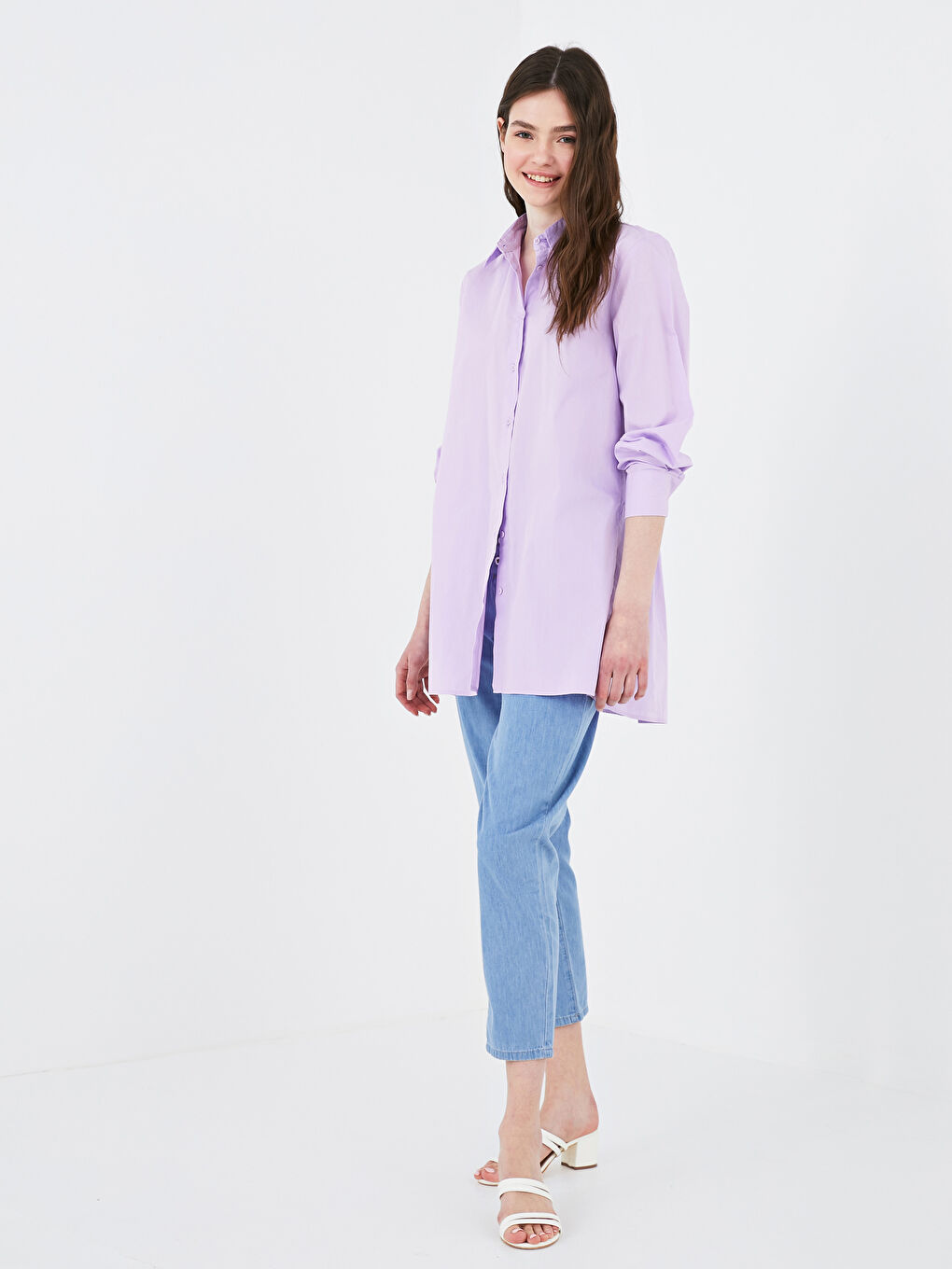 LC Waikiki Frill Detailed Long Sleeve Button Closure Poplin Women's Shirt -S1GA56Z8-G3W