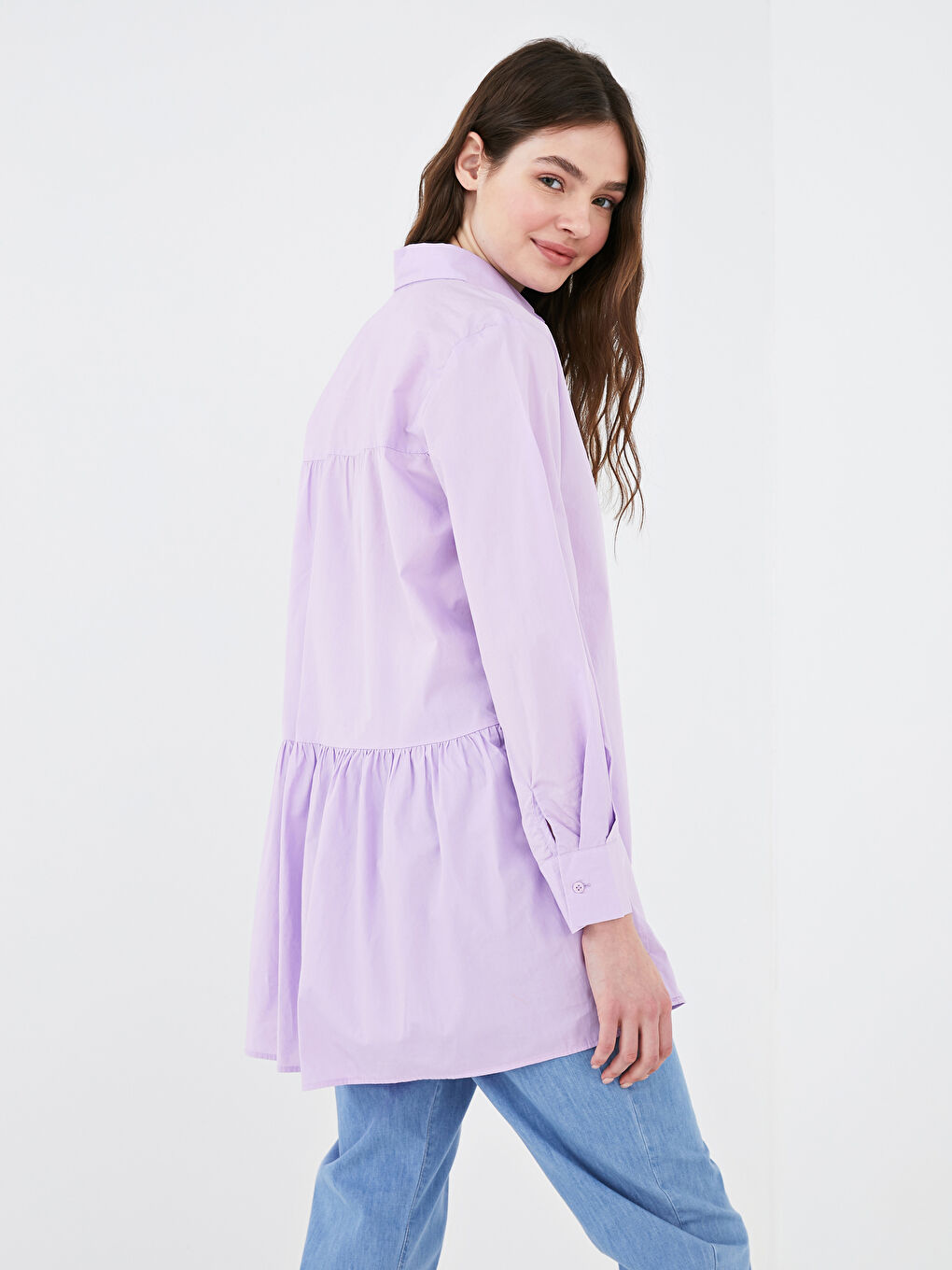 LC Waikiki Frill Detailed Long Sleeve Button Closure Poplin Women's Shirt -S1GA56Z8-G3W