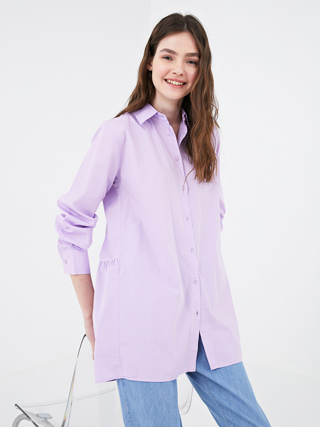 LC Waikiki Frill Detailed Long Sleeve Button Closure Poplin Women's Shirt -S1GA56Z8-G3W