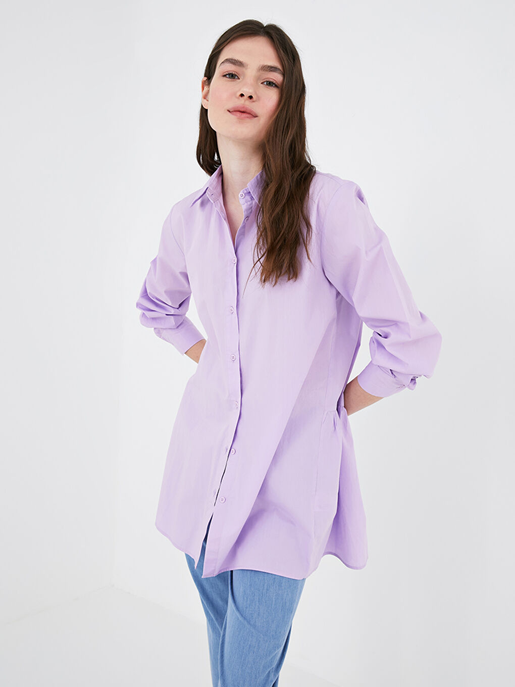 LC Waikiki Frill Detailed Long Sleeve Button Closure Poplin Women's Shirt -S1GA56Z8-G3W