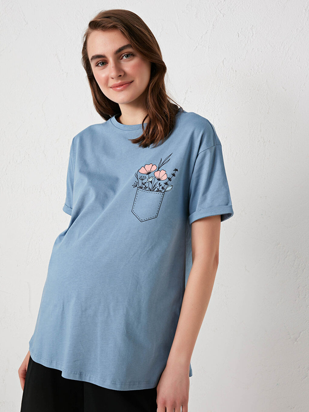 Mavi Bisiklet Yaka Baskılı Kısa Kollu Pamuklu Hamile Tişört