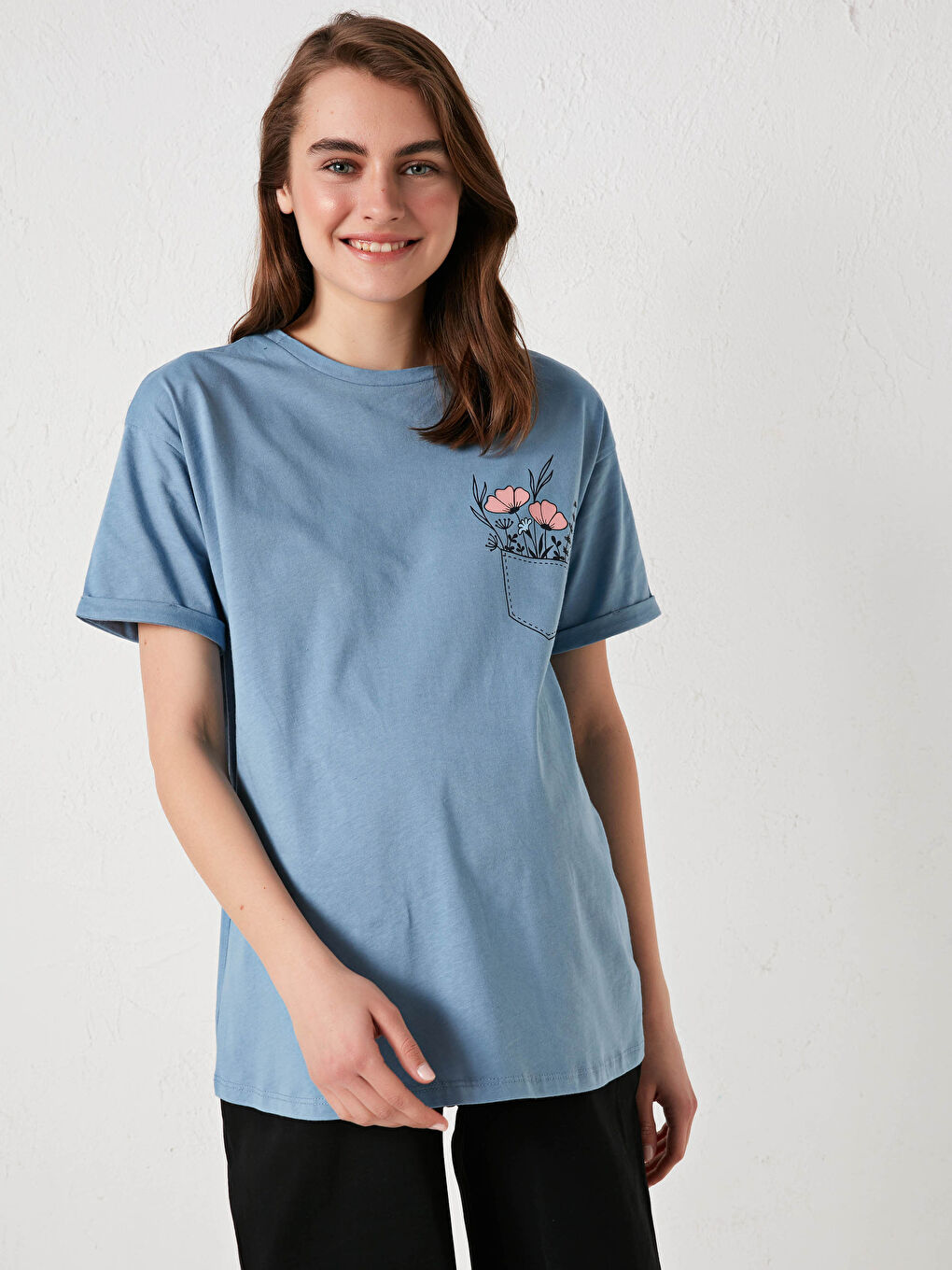 Mavi Bisiklet Yaka Baskılı Kısa Kollu Pamuklu Hamile Tişört-1