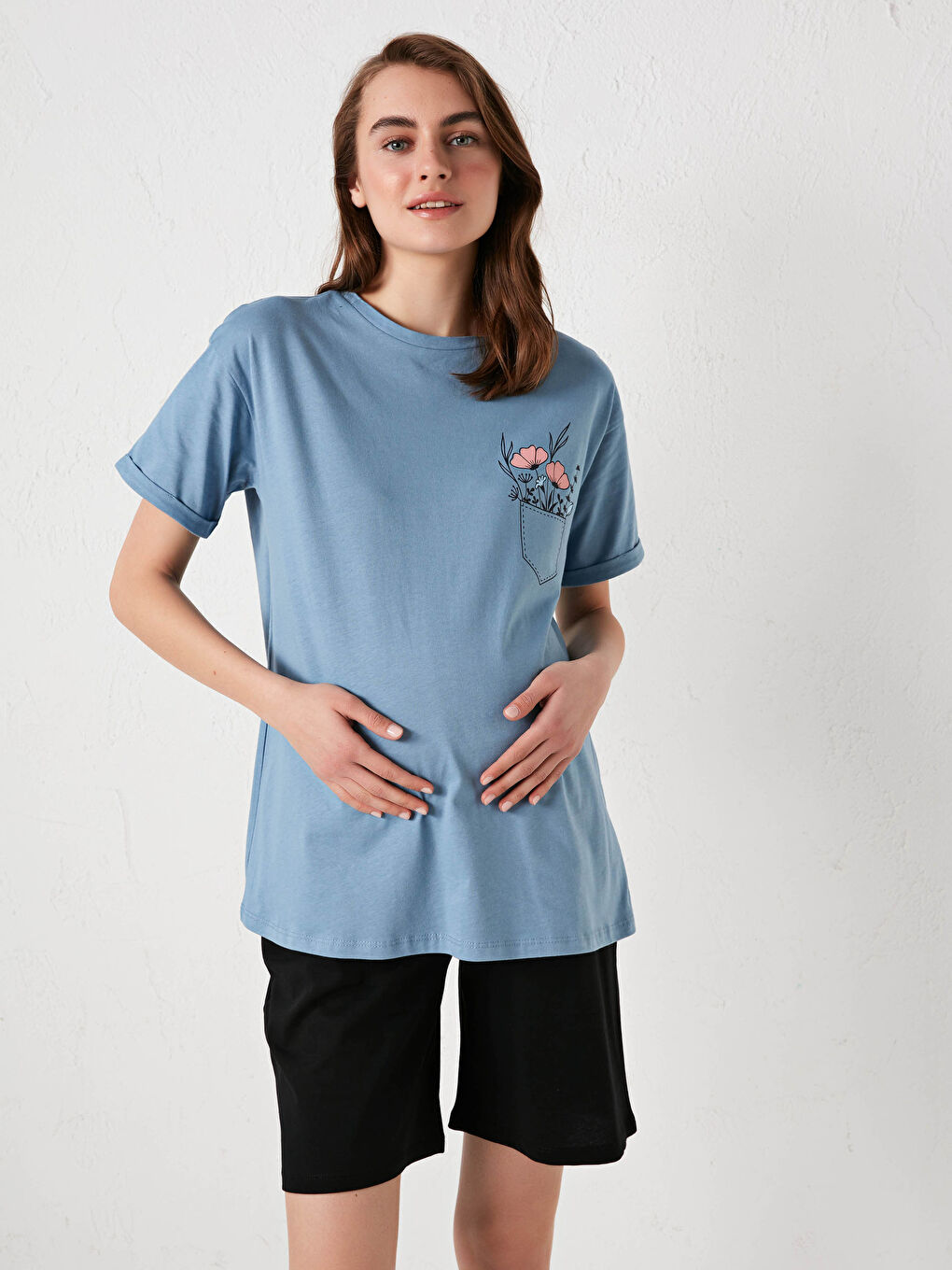 Mavi Bisiklet Yaka Baskılı Kısa Kollu Pamuklu Hamile Tişört-2